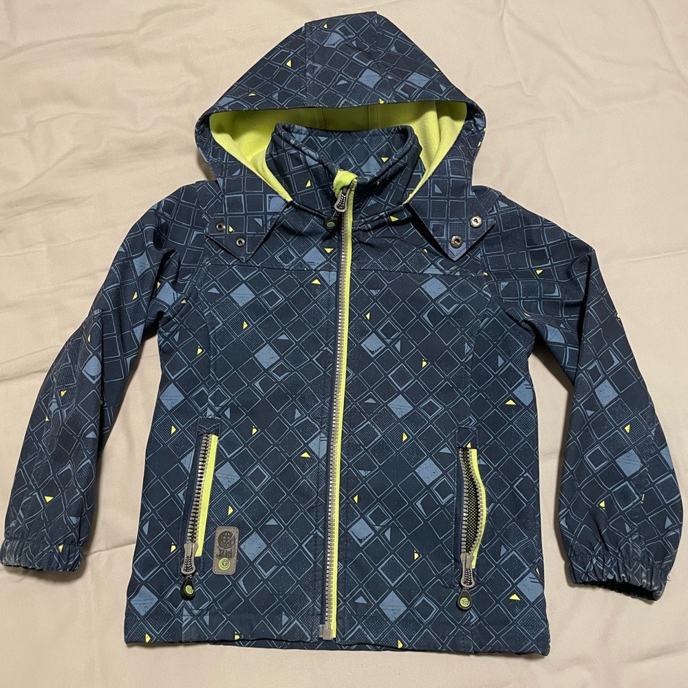 Kids Softshell Jacket Windbreaker, fleece-lined, size 4-5, blue & neon yellow